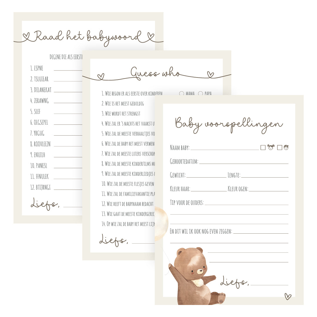 Babyshower invulkaarten Bear, Guess Who & Raad het babywoord