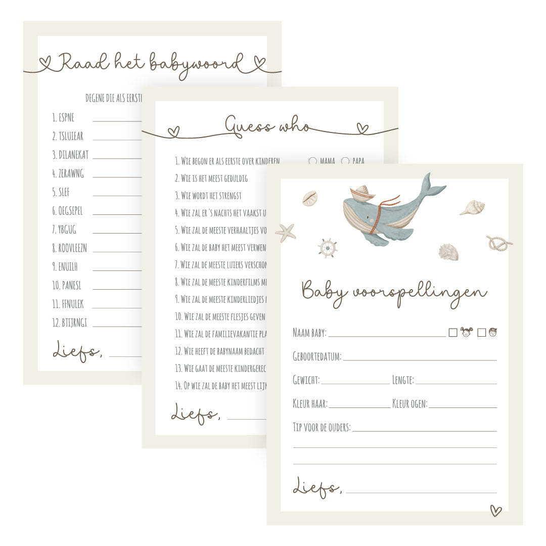 Babyshower invulkaarten Whale, Guess Who & Raad het babywoord